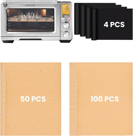 154PCs Air Fryer Liners Compatible with Breville BOV900BSS Smart Oven Air Fryer Pro, 100PCS Parchment Paper, 50PCS Perforated Liners, 4PCS Teflon Baking Mats Accessories for BOV900 Series