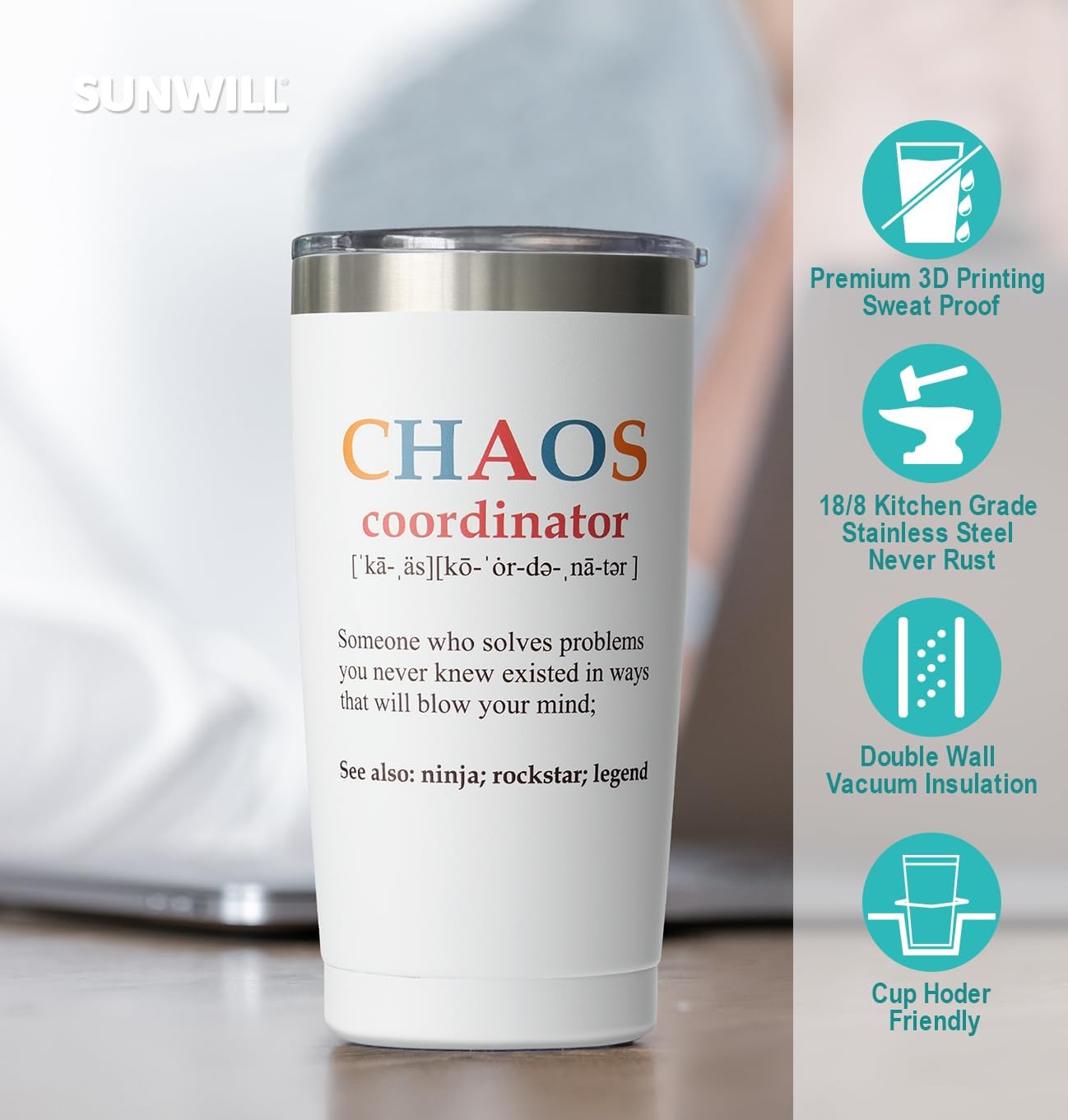 SUNWILL Coffee Tumbler with Lid, Christmas Gifts for Women, Stainless Steel Insulated Mug, CHAOS Coordinator Cups for Birthday, Thank you, Graduation - 20 oz Snow White