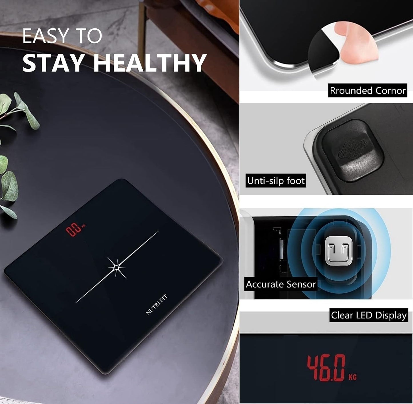 NUTRI FIT Digital Scale for Body Weight, Precision Bathroom Weighing Scale Step-On Technology High Capacity - 330 lb, LED Display with High Precision Measurements, Black