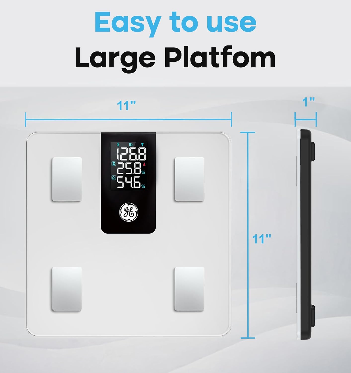 GE Smart Scale for Body Weight BMI Fat Muscle Mass with 14 Body Composition Metrics & All-in-one LCD Display, Digital Bathroom Weight Monitor Bluetooth with App, Accurate Weighing Machine 400lb White