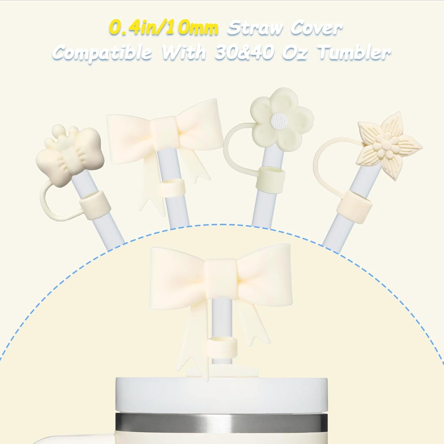 4 Pcs 0.4in Straw Cover for Stanley Cup, Silicone Straw Topper Set for 30&40oz Stanley Tumbler, Fit for 10mm/0.4in Straws (Cream)