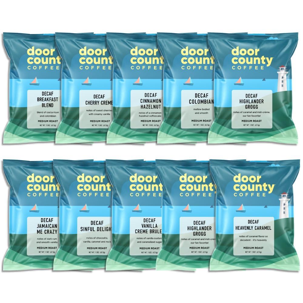 Gourmet Flavored Decaf Coffee Sampler Pack - 10 Bags of Unique Flavored Coffees – 100% Specialty Grade 1 Arabica -1.5 oz Full-Pot Bags - Roasted by Door County Coffee