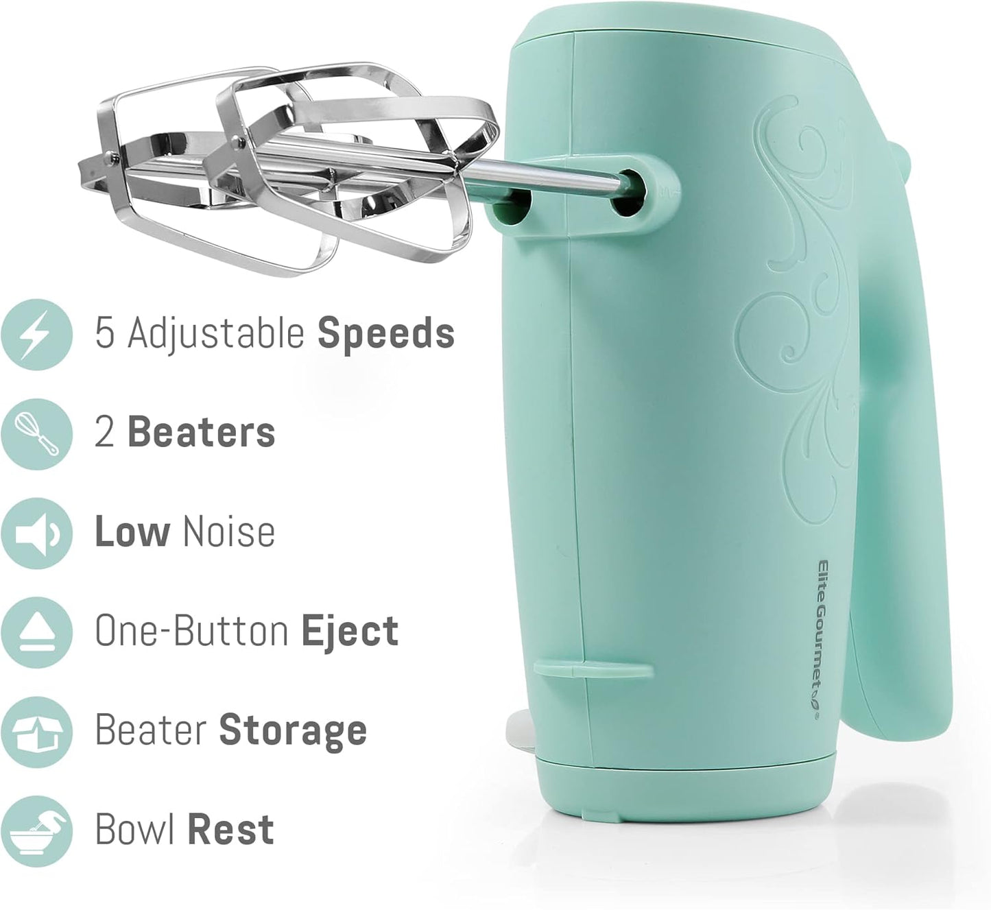 Elite Gourmet EHM003M Maxi-Matic Ultra Power Electric 5-Speed Kitchen Hand Mixer with 2 Extra Wide Stainless Steel Smooth Creamy Whipped Mixtures Plus Convenient, Beater Storage, Mint Blue