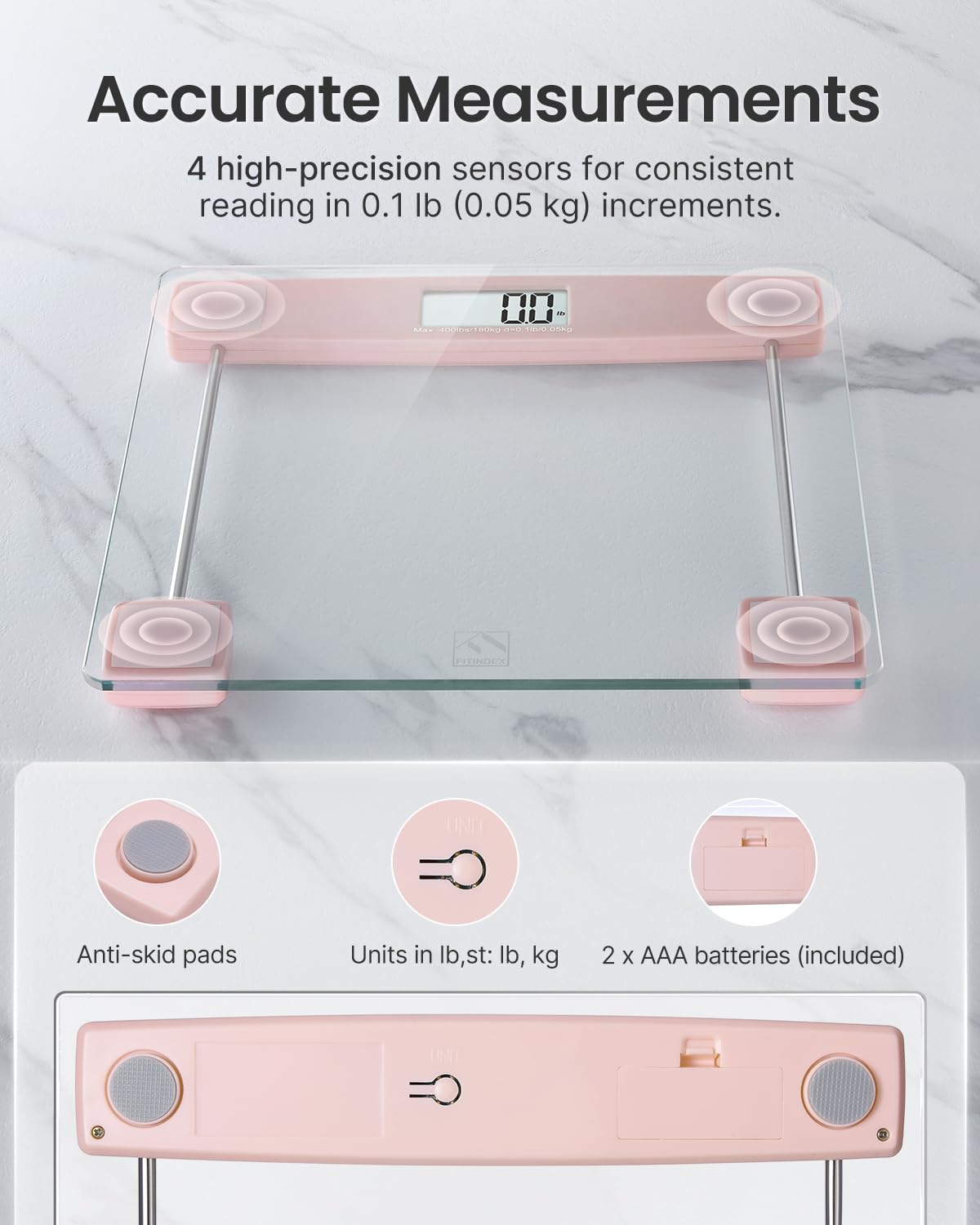 FITINDEX Bathroom Scale for Body Weight, Highly Accurate Digital Weighing Scale with Large LCD Display, Transparent and Slim Tempered Glass, 400 lbs, Pink