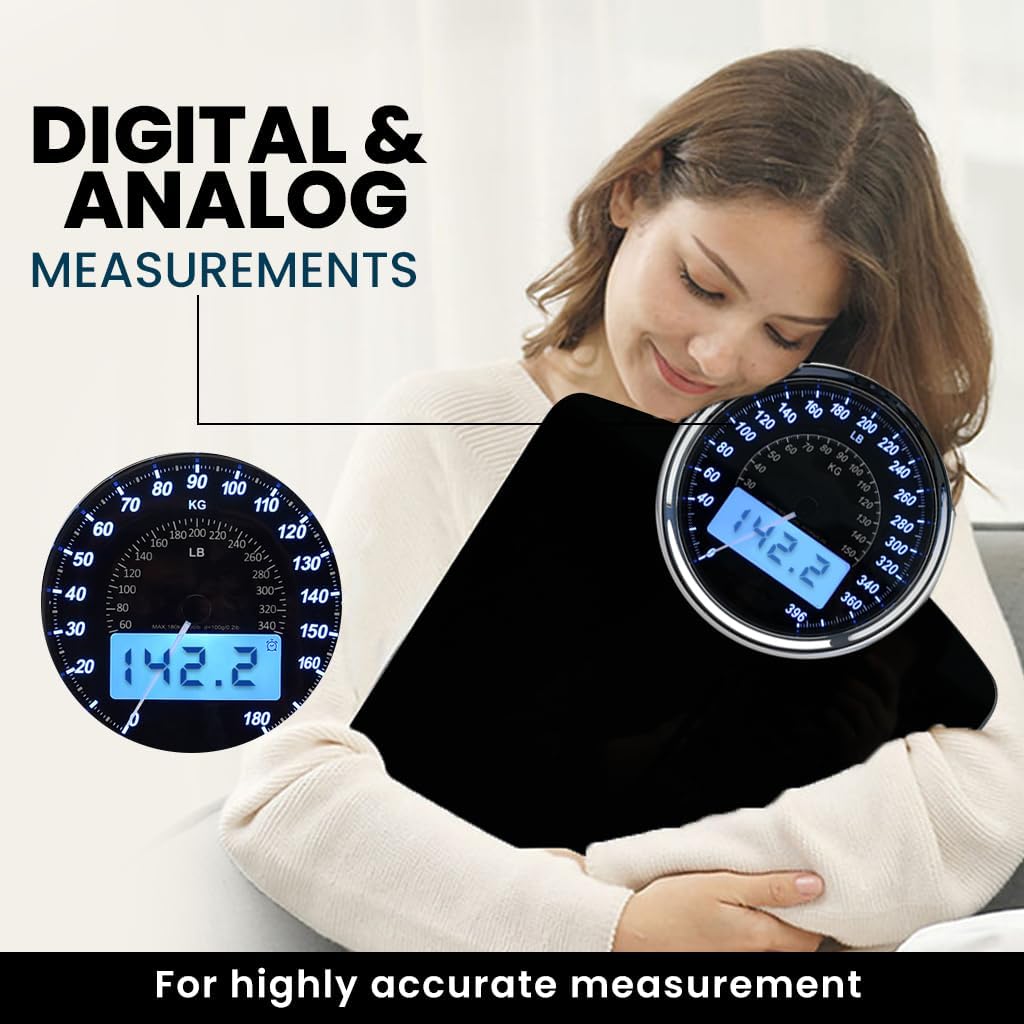 EILISON Highly Advance 2-in-1 Digital & Analog Weighing Scale for Body Weight-400lbs, 4 High Precison GX Sensor Accurate, Thick Tempered Glass, Extra Large Display (Black)