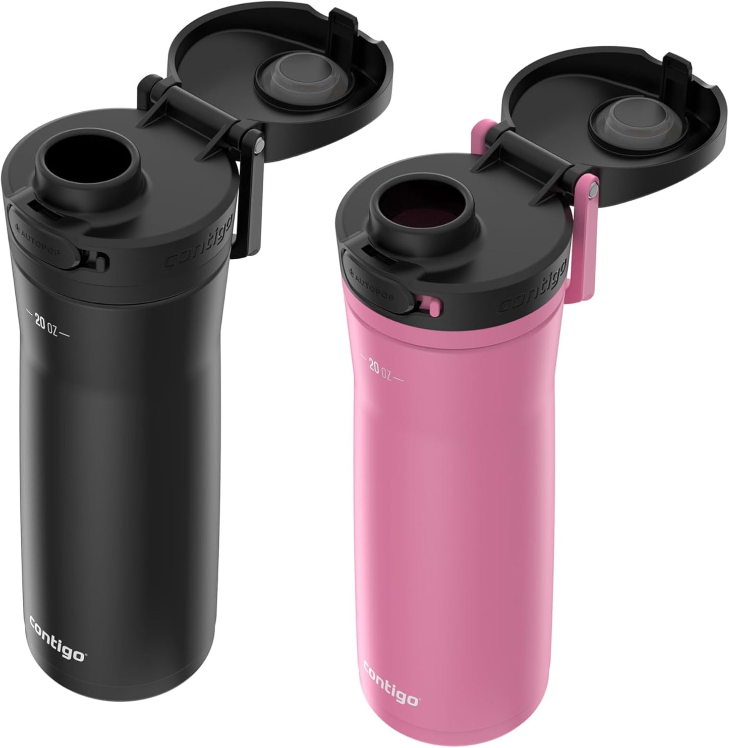 Contigo Jackson Chill 2.0 Water Bottle with Autopop Lid, 20oz, 2-Pack, Pink and Black
