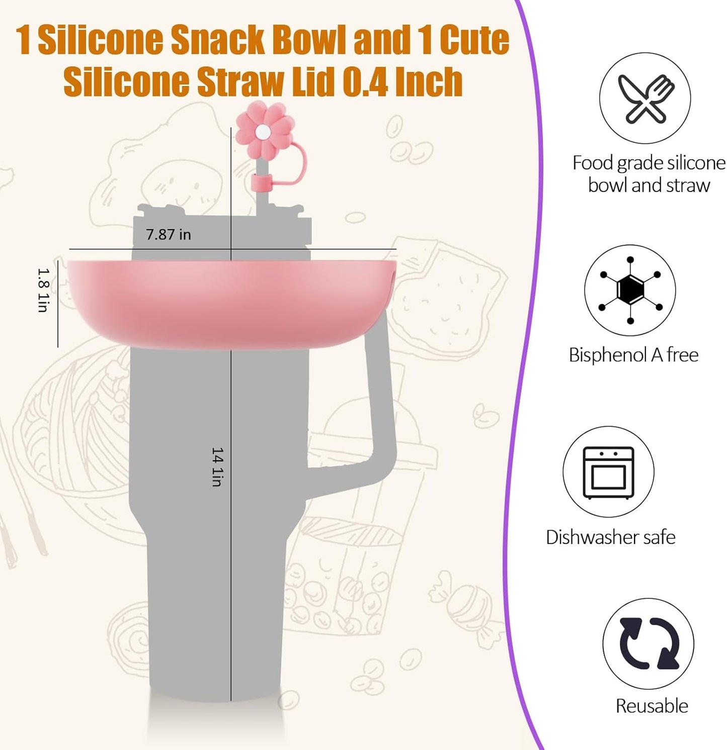 Snack Bowl for Stanley Cup 40 oz with Handle-Perfectly Compatible with Stanley Quencher H2.0 Tumbler 40 oz with Handle, Reusable Silicone Snack Tray, Stanley cup accessories (Pink Snack Bowl)