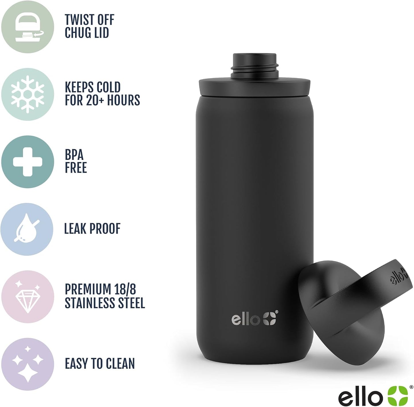 Ello Cooper Twist 18oz Kids Stainless Steel Water Bottle with Chug Lid | Leak Proof Double Walled and Vacuum Insulated | Fits Car Cupholder | Built in Carry Loop | Dishwasher Safe | White Marble