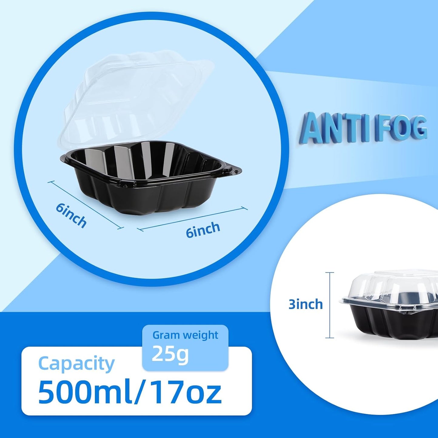 YANGRUI Plastic Containers 6" 17 oz 55 Pack - Reusable Crystal View Anti Fog Lid BPA Free PP Clamshell Food Container | Shrink Wrap Freezer & Microwave Safe | Catering Hotel Grade Black Burger Box