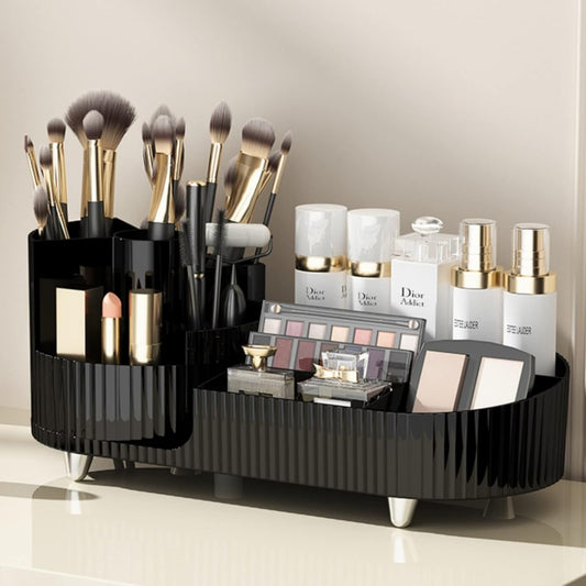 Rotating makeup organizer,Large Capacity Cosmetic Display Case, easy to hold all of your makeup products, at least 20 makeup brushes/eyeliner,10 lipsticks,8 skincare products(Black)