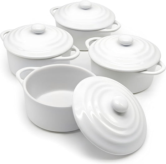 Kook Ceramic Mini Cocotte Set, Small Casserole Dishes with Lids and Handles, Individual Baking Ramekins, Oven, Microwave & Dishwasher Safe, Stoneware, 12 oz, Set of 4 (Swiss White)