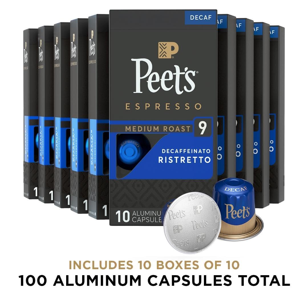 Peet's Coffee, Medium Roast Decaf Espresso Capsules, Compatible with Nespresso Original Machine - Decaf Ristretto Intensity 10, 100 Count (10 Boxes of 10 Espresso Capsules)