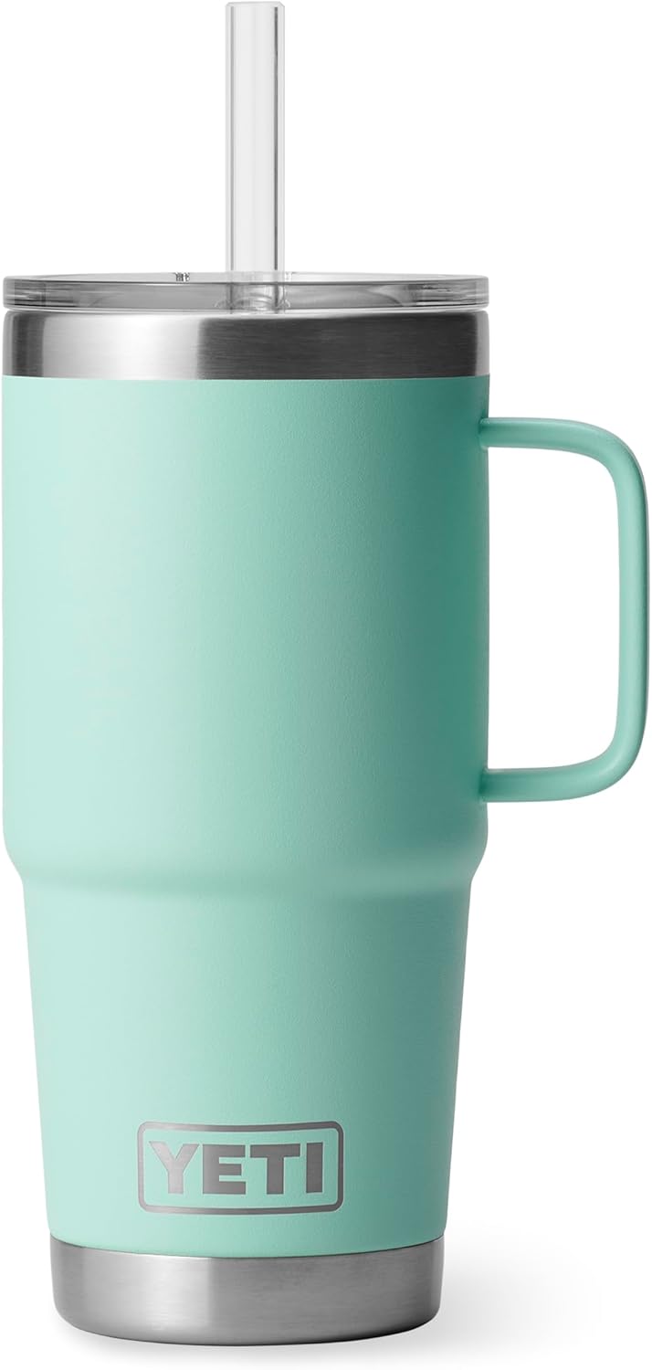 YETI Rambler 25 oz Tumbler with Handle and Straw Lid, Travel Mug Water Tumbler, Vacuum Insulated Cup with Handle, Stainless Steel, Seafoam