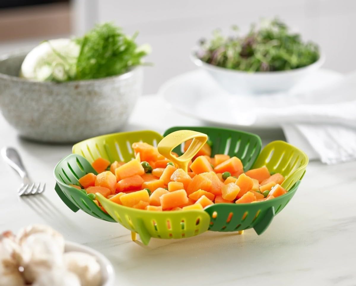 Joseph Joseph Bloom Folding Steamer Basket for Vegetables, Expandable for Various Pans, Compact Storage - Green