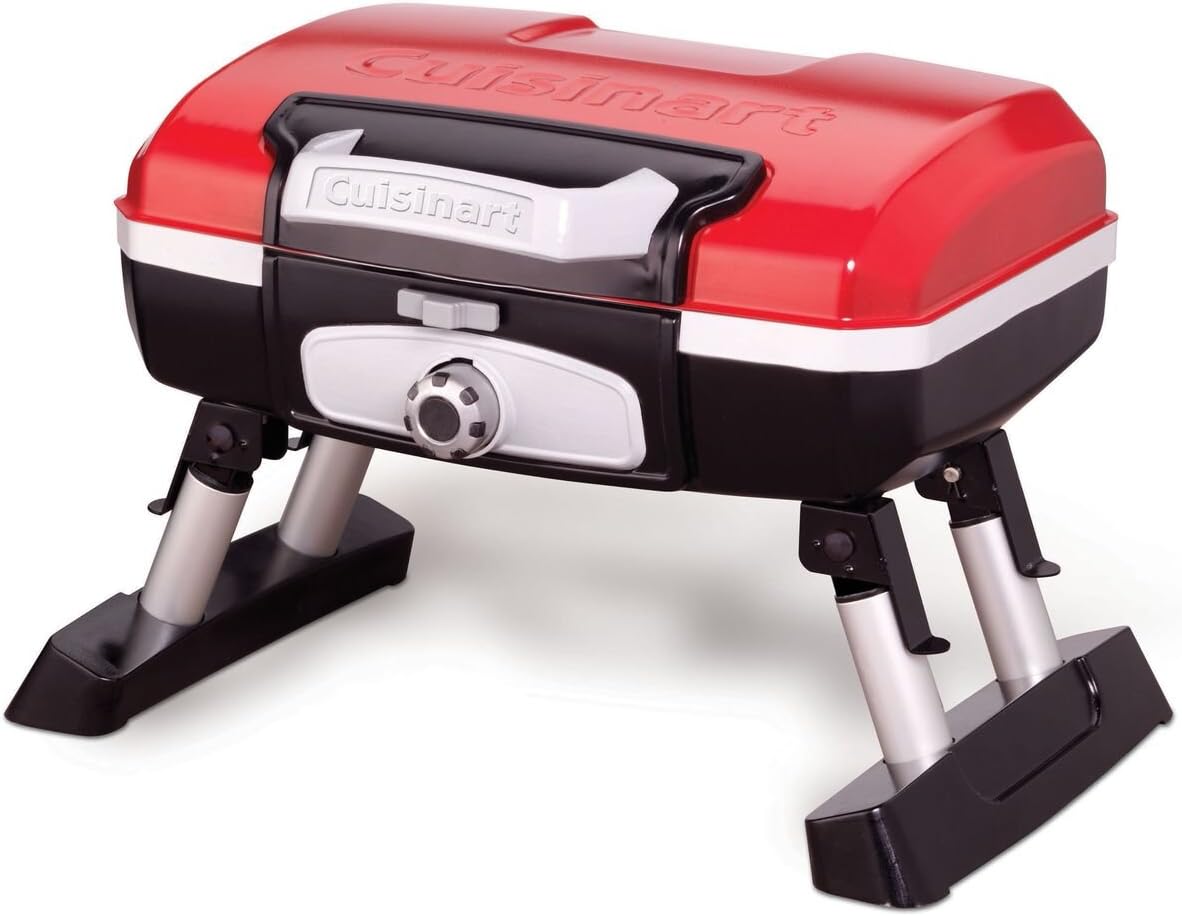 Cuisinart Petite Gourmet Portable Gas Grill, Compact Portable Grill Propane, 150 Sq. In. Cooking Surface, 5,500 BTU Burner Small Gas Grills for Camping, BBQ, Folding Legs and Carry Handles, Red