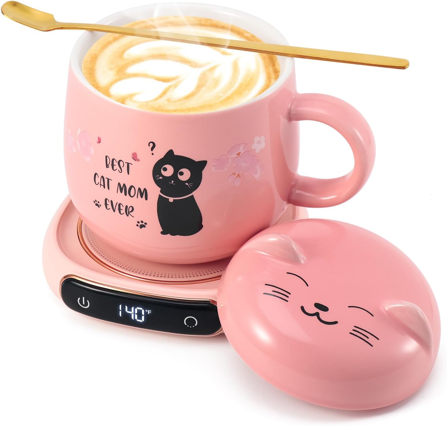 Bsigo Coffee Mug Warmer & Best CAT MOM Ever Mug Set, Electric Candle Mug Warmer 8H Auto Shut Off, Home & Office Beverage Cup Coffee Warmer for Desk, Cat Lover Mom Sister Birthday Women Mothers Day
