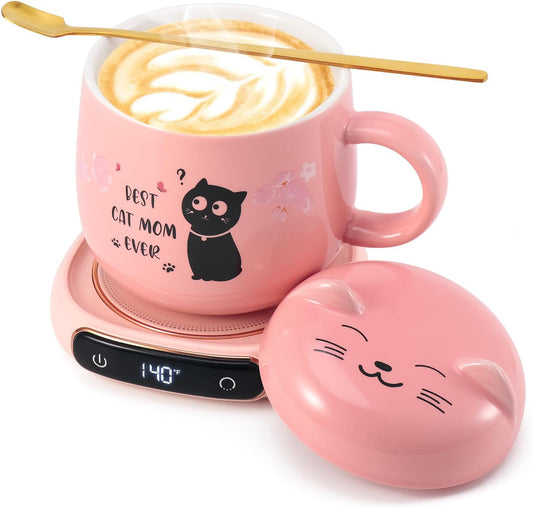 Bsigo Coffee Mug Warmer & Best CAT MOM Ever Mug Set, Electric Candle Mug Warmer 8H Auto Shut Off, Home & Office Beverage Cup Coffee Warmer for Desk, Cat Lover Mom Sister Birthday Women Mothers Day
