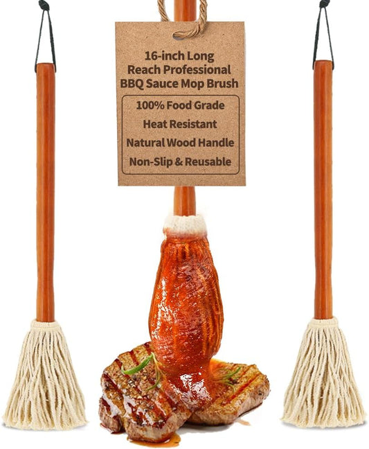16" BBQ Sauce Basting Mops & Brushes for Roasting or Grilling, Apply Barbeque, Marinade or Glazing, Cotton Fiber Head and Hardwood Handle, Dish Mop Style, Perfect for Cooking or Cleaning - Pack of 3