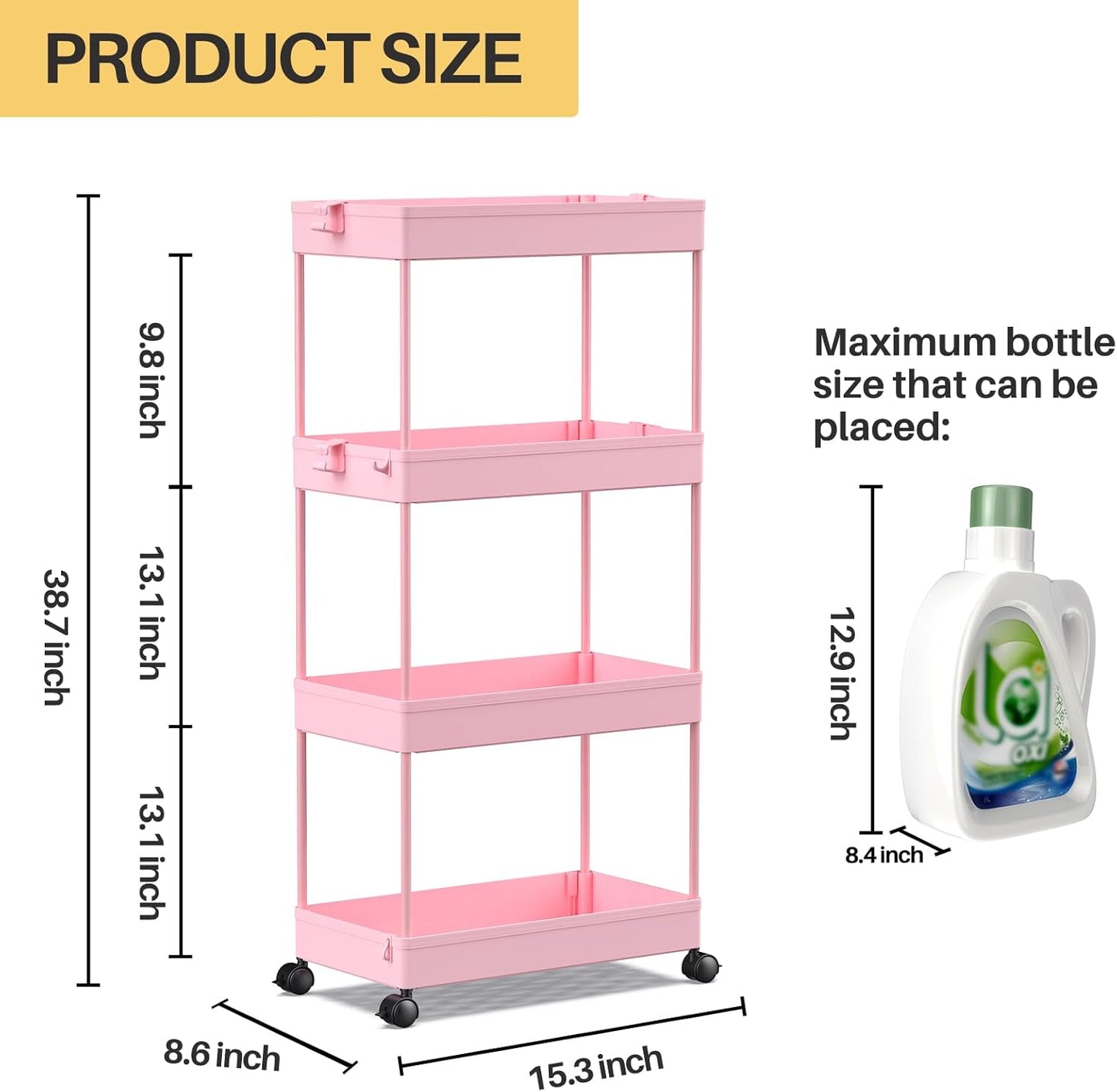 SPACEKEEPER Storage Cart 4-Tier, Bathroom Rolling Cart Utility Storage Organizer Shelf Mobile Shelving Unit for Kitchen Living Room Bathroom Laundry Room & Dressers, Pink