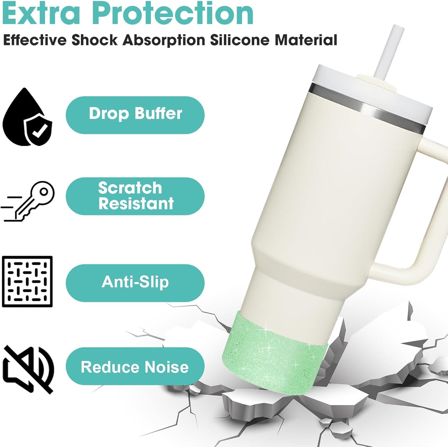 Upgrade 2PCS Protective Silicone Boot Bumper for Stanley Quencher Adventure 40oz 30oz IceFlow 20oz 30oz Tumbler, Water Bottle Bottom Sleeve Cover Accessories for Stanley Mug Cup(Glitter Green)