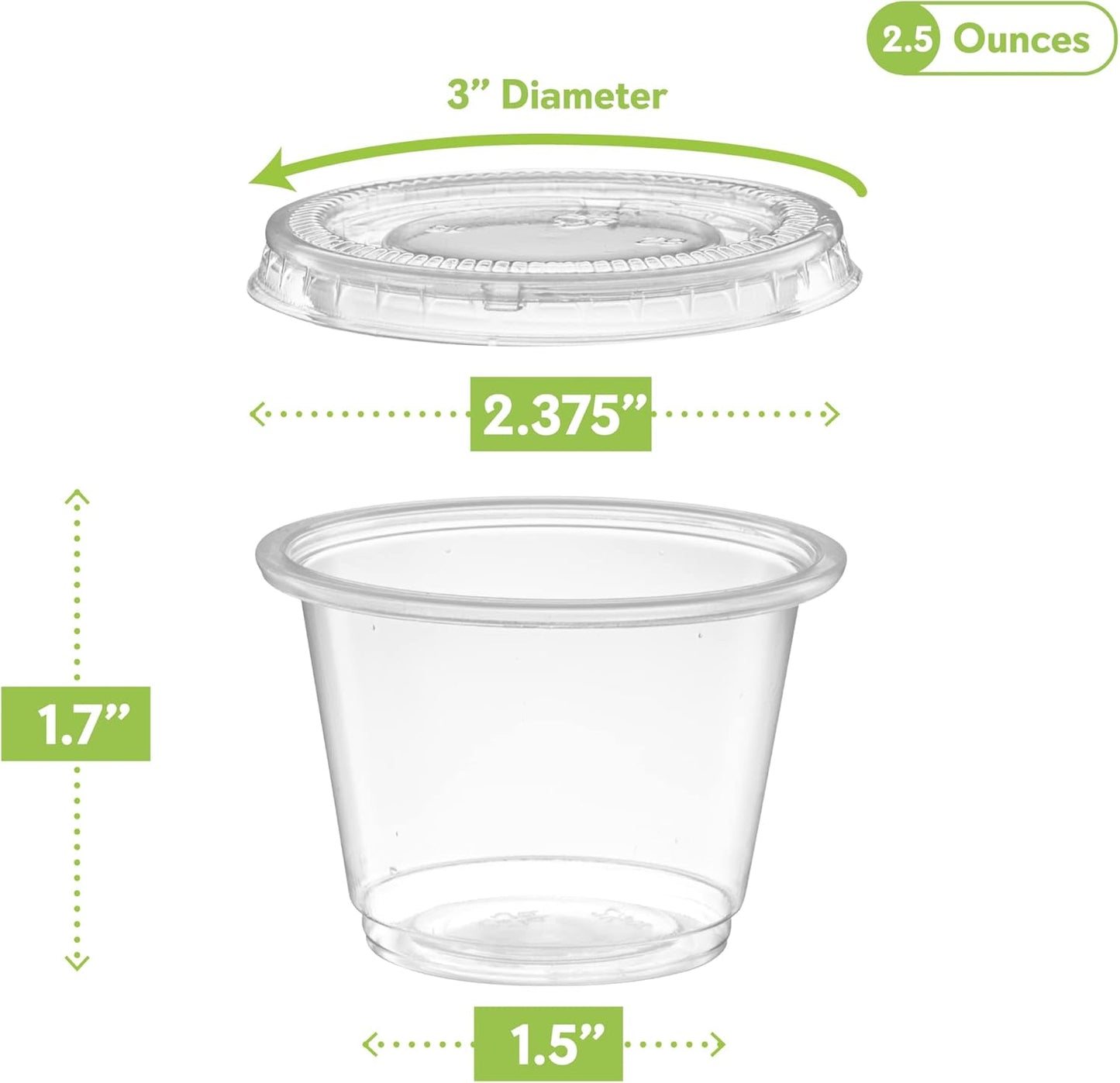 {2.5 oz - 100 Sets} Clear Diposable Plastic Portion Cups With Lids, Small Mini Containers For Portion Controll, Jello Shots, Meal Prep, Sauce Cups, Slime, Condiments, Medicine, Dressings, Crafts, Disposable Souffle Cups & Much more