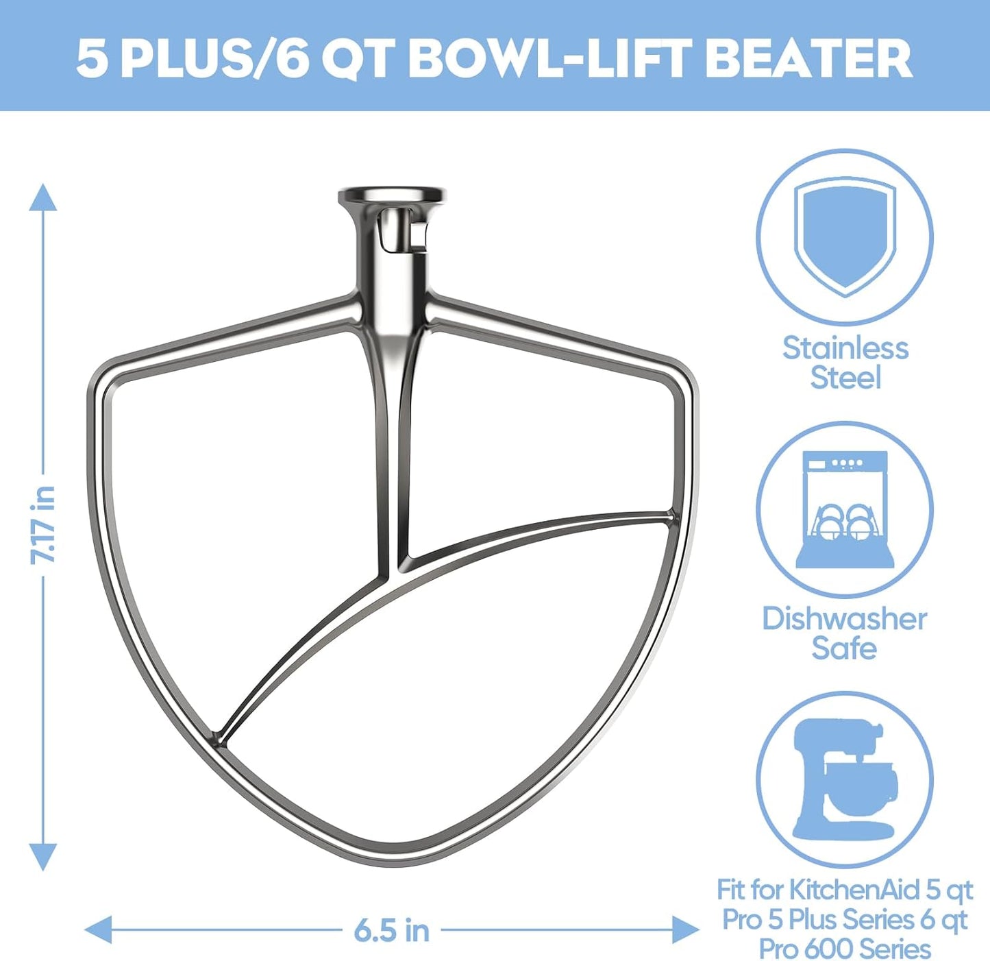 Stainless Steel Flat Beater for KitchenAid 5Plus-6Qt Bowl-Lift Stand Mixer, Paddle Attachment for Kitchenaid Mixer, Heavy Duty and Dishwasher Safe