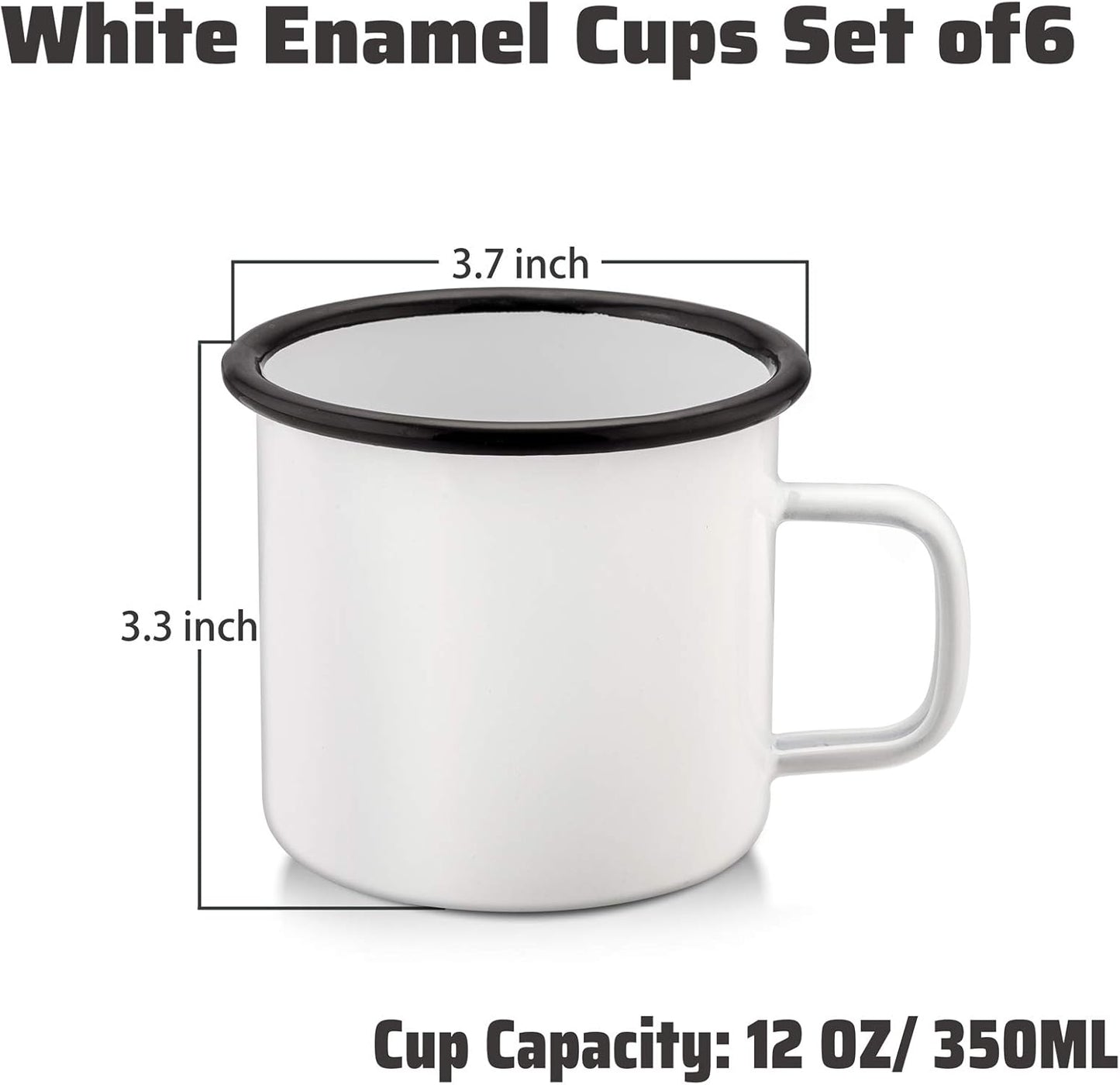 P&P CHEF Enamel Camping Coffee Mug Set of 6, Small Colored Mugs Cups for Family Gathering/Friend Party/Camping/Picnic/Fishing, Lightweight & Portable -12 Ounce, 350ML & White