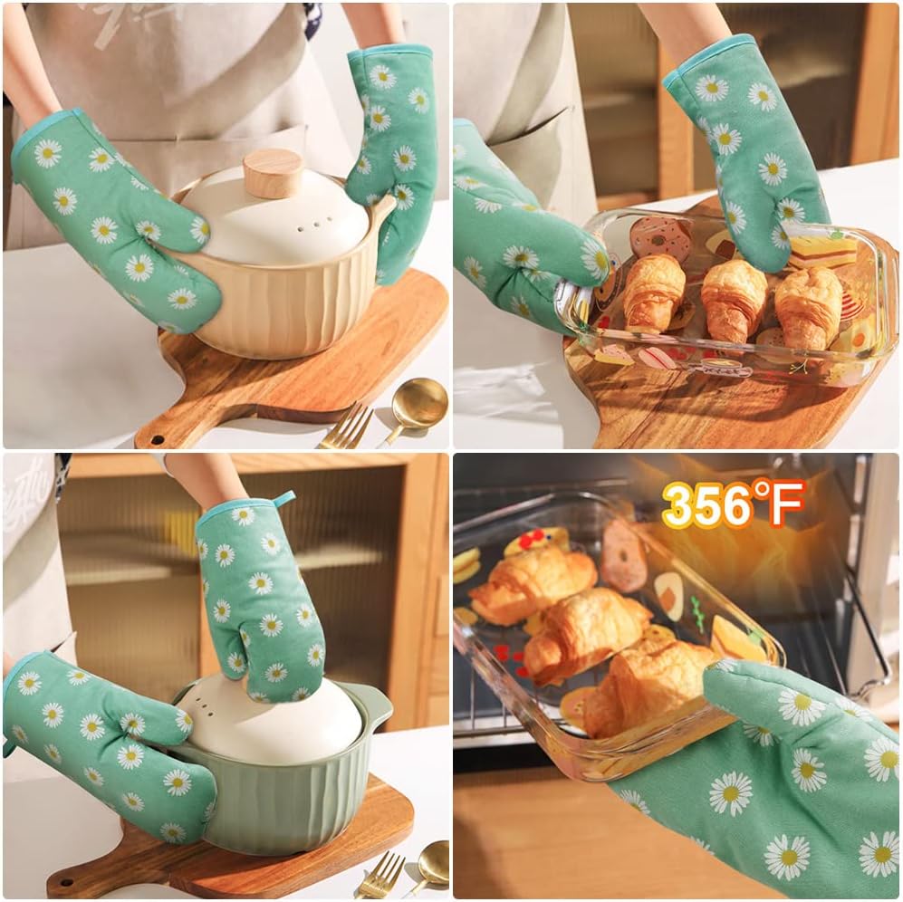 AUAUY Oven Mitts and Potholders, BBQ Gloves Heat Resistant, 1 Pair Oven Mitts and 2 Pot Holders, Cotton Non-Slip Cooking Gloves Home Essentials for Cooking Baking Kitchen Microwave Pizza (Daisy-Green)