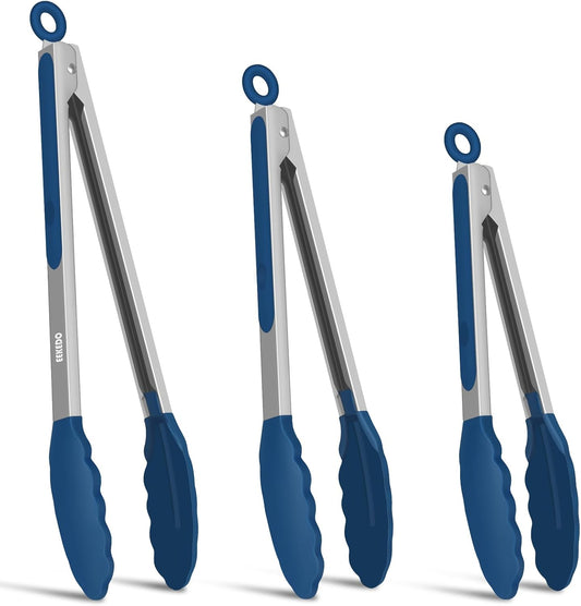 Kitchen Tongs, Set of 3 Stainless Steel Tongs with Silicone Tips Locking Cooking Tongs 600ºF Heat Resistant Tong for Cooking BBQ Grilling Air Fryer Serving Food Salads, 7"+9"+12" Classic Blue