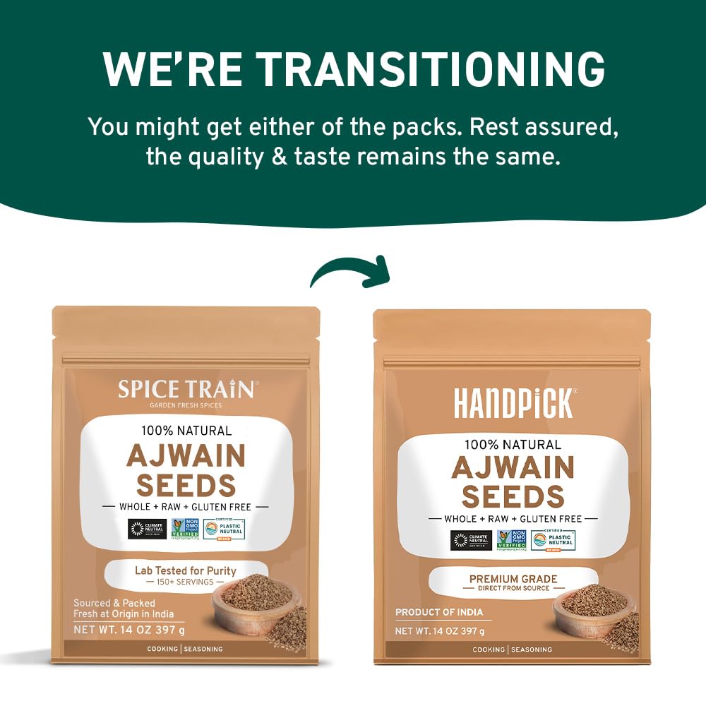 HANDPICK Ajwain Seeds (397g/14oz) Whole Carom Seeds | Vegan, Gluten free, Non GMO | Raw Carom Bishops, Indian Origin | Packed in Resealable Ziplock Pouch