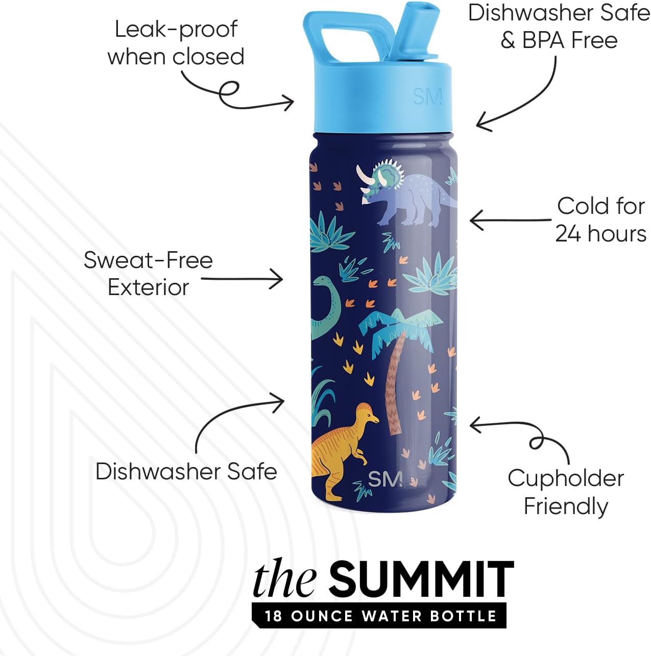 Simple Modern Kids Summit Water Bottle with Straw Lid | 18oz Stainless Steel Cup Insulated Tumbler for Toddlers, School | Jurassic Jungle