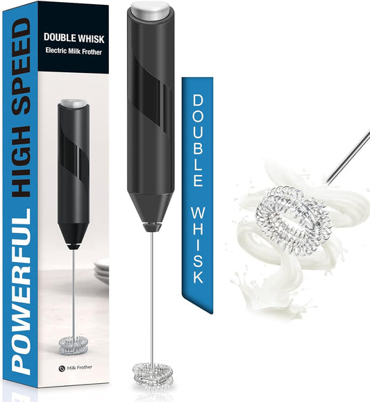 Double Whisk Milk Frother, Handheld Electric Blender stick, Drink Mixer with Food Grade Stainless Steel Stirrer, Battery Operated Foam Maker for Coffee, Cappuccino, Frappe, Matcha, Hot Chocolate Latte