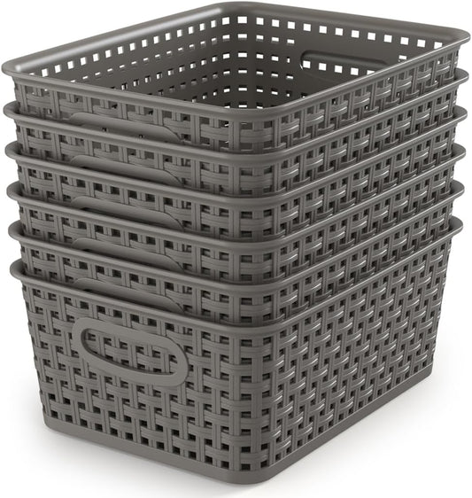 WYT Weave Storage Organizer Baskets, Grey 6-Pack Plastic Woven Baskets, 10.1" x 7.55" x 4.1"