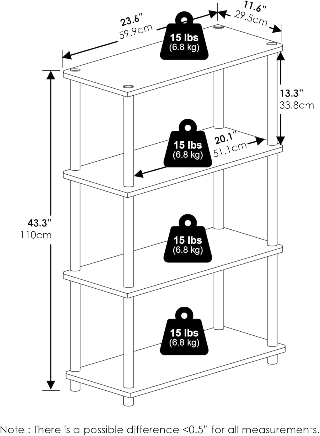 Furinno TURN-N-TUBE Storage Shelves, 4-Tier Toolless Book Shelf, Corner Shelf, Toolless Open Shelves, for Organization and Storage, Living Room, Garage, Home Office, Amber Pine