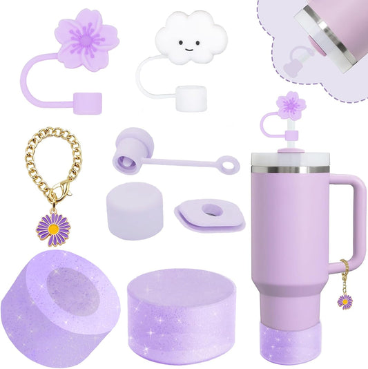 Stanley Cup Accessories Set,Including 2 Pcs 0.4in Straw Cover, 1 Silicone Spill-Proof Stopper Set of 3, 1 Cute Purple Flower Handle Charm, 1 Silicone Boot Fits Stanley 40&30 Oz Tumbler (Purple)