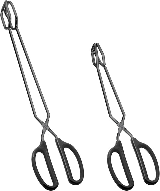Stainless Steel Scissor Tongs 12" and 16" Set, Extra Long Metal Kitchen Tongs for Cooking, Grilling & Serving (Set of 2, Black)