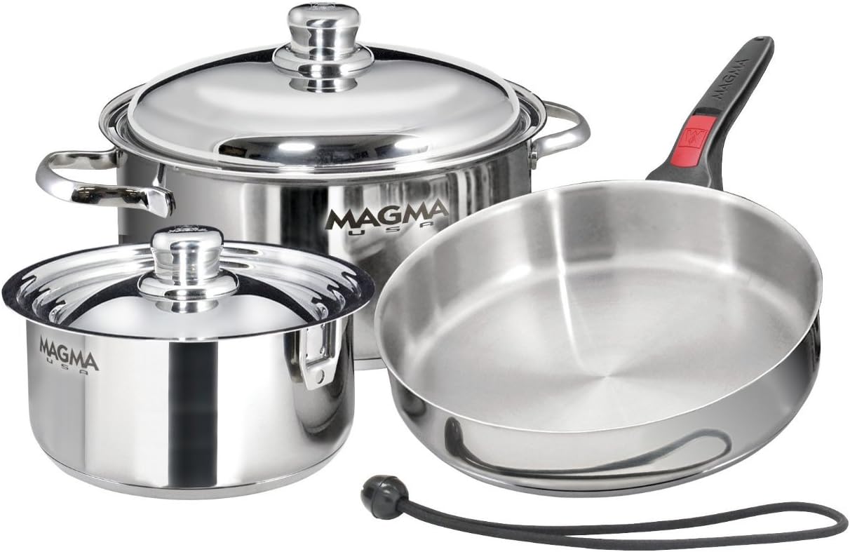 Magma 7 Piece Gourmet Nesting Stainless Steel Cookware Set, Induction Compatible, Oven Safe to 500°F - Suitable for All Stovetops, Removable Handles, Black