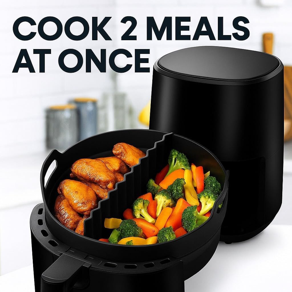 Silicone Air Fryer Liner 8.6" Round for 5–8 QT, With Divider Split for 2 Flavors, Reusable Non-Stick Collapsible Pot Liner, Dishwasher Safe, Heat-Resistant 446°F, BLACK, 1 Pack