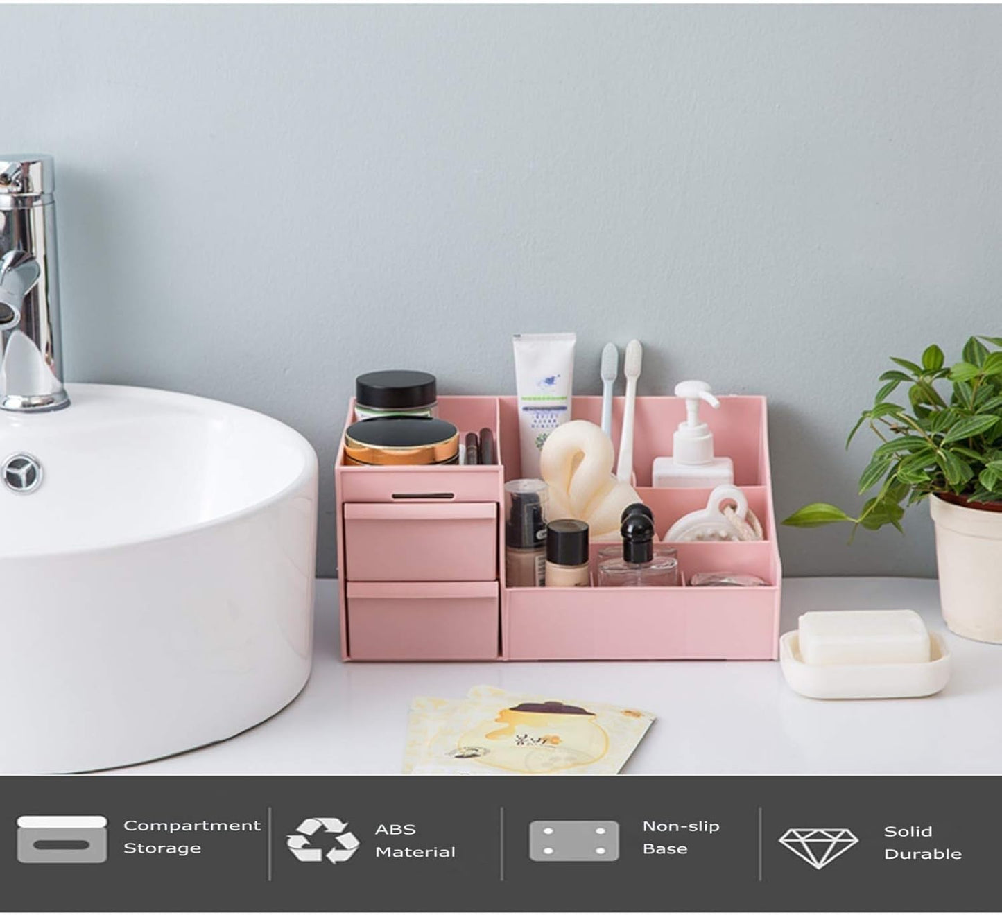 Simbuy Makeup Organizer for Vanity— Bathroom Countertop Cosmetics Organizer with Drawers for Lipstick, Brushes, Lotions, Eyeshadow, Nail Polish and Jewelry (Pink)