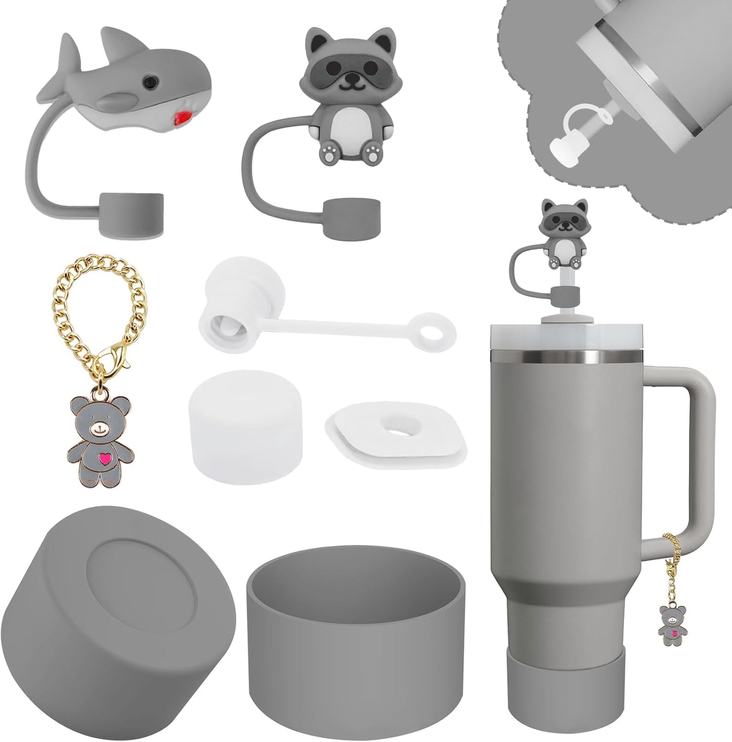 Stanley Cup Accessories Set,Including 2 Pcs 0.4in Straw Cover, 1 Silicone Spill-Proof Stopper, 1 Cute Handle Charm, 1 Silicone Boot Fits Stanley 40&30 Oz Tumbler (Grey)