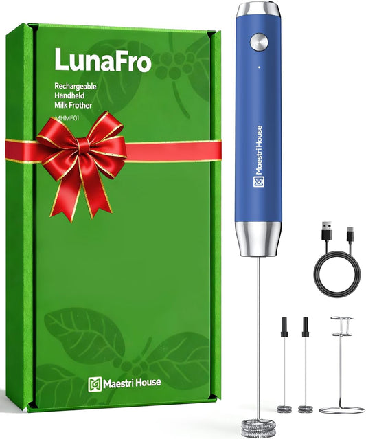 Maestri House Rechargeable Milk Frother with Stand, Handheld Electric Foam Maker Waterproof Detachable Stainless Steel Whisk Drink Mixer Foamer for Lattes, Cappuccino (Midnight Blue (Gift Box))