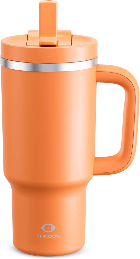 32 oz Tumbler with Handle and Straw: Stainless Steel Insulated Tumbler Keeps Cold for 24 Hours, Leakproof Travel Cup Fits in Cup Holder and BPA-Free,Moderate Orange