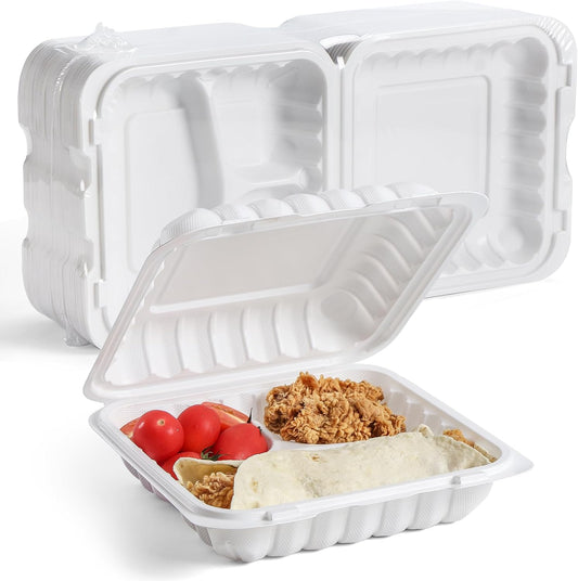 YANGRUI Food Containers 8 Inch 34 oz 55 Pack - Shrink Sealed & Stackable | BPA Free Mineral Filled PP Plastic | Heavy Duty Freezer & Microwave Safe | Restaurant Grade 3 Section White Lunch Boxes