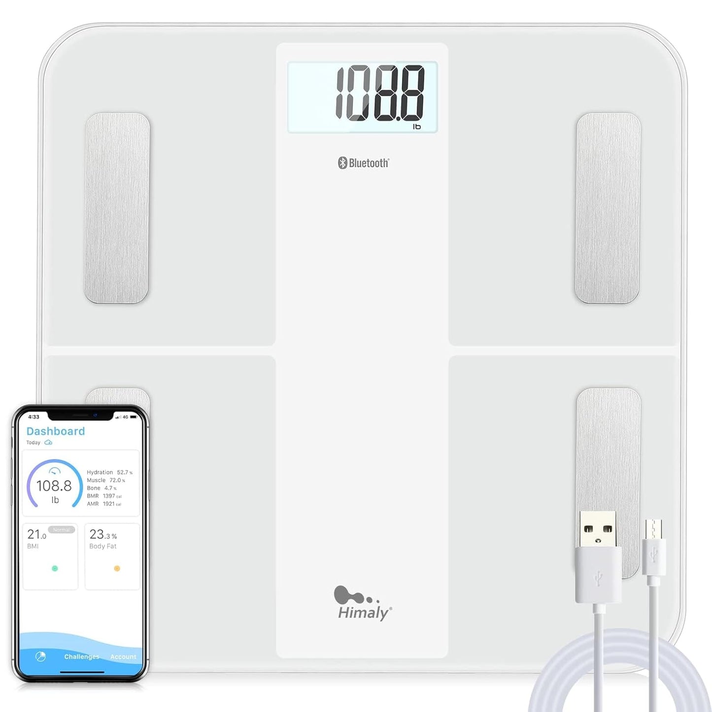 himaly USB Rechargeable Bathroom Scale for Body Weight, Digital Weight Scale Bluetooth for Accurate BMI Body Fat Scale Muscle Mass Composition Monitor with App, 400 lbs