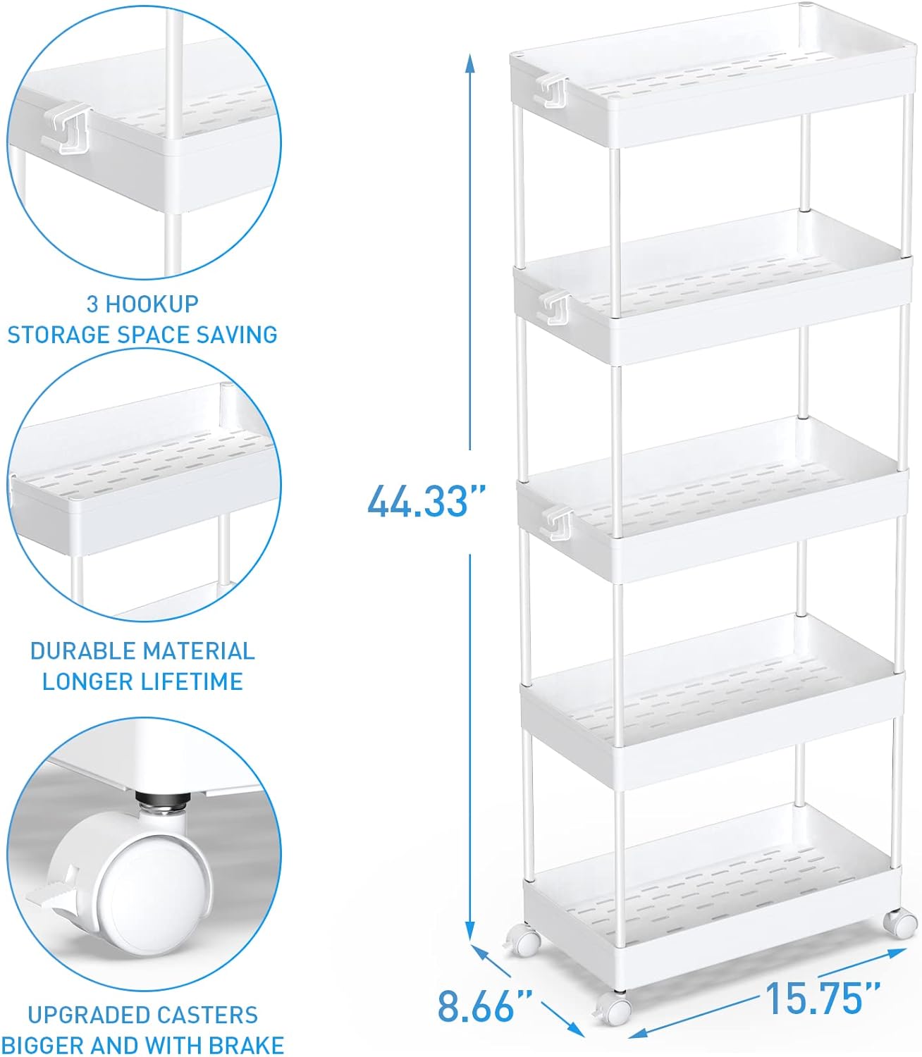 SPACEKEEPER 5-Tier Storage Cart Organizer Rolling Utility Cart, Mobile Shelving Unit Slide Out Storage Shelves for Kitchen Living Room Bathroom Laundry Room & Dressers, White