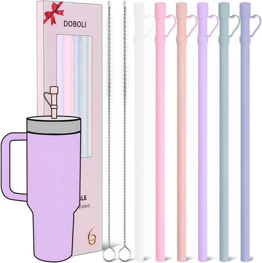 Reusable Replacement 12 inch Long Silicone Straw With Cover, Stocking Stuffers Gifts for Women Men Teens Girls Boys, Compatible with Stanley Tumbler Cup Accessorie 40 oz 30 oz (6 Pack)