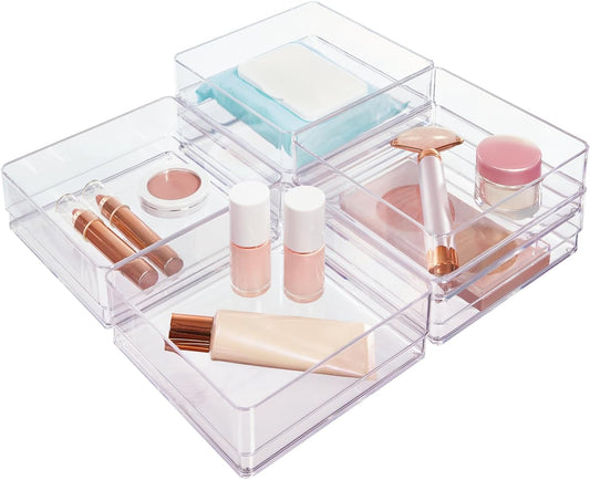 STORi SimpleSort 6-Piece Stackable Clear Drawer Organizer Set | 6" x 6" x 2" Square Trays | Small Makeup Vanity Storage Bins and Office Desk Drawer Dividers | Made in USA
