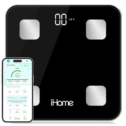 iHome Digital Bluetooth Smart Scale for Body Weight, Weight Scale, Including BMI, Body Fat, Muscle Mass, Batteries Included (Black Smart Bluetooth)