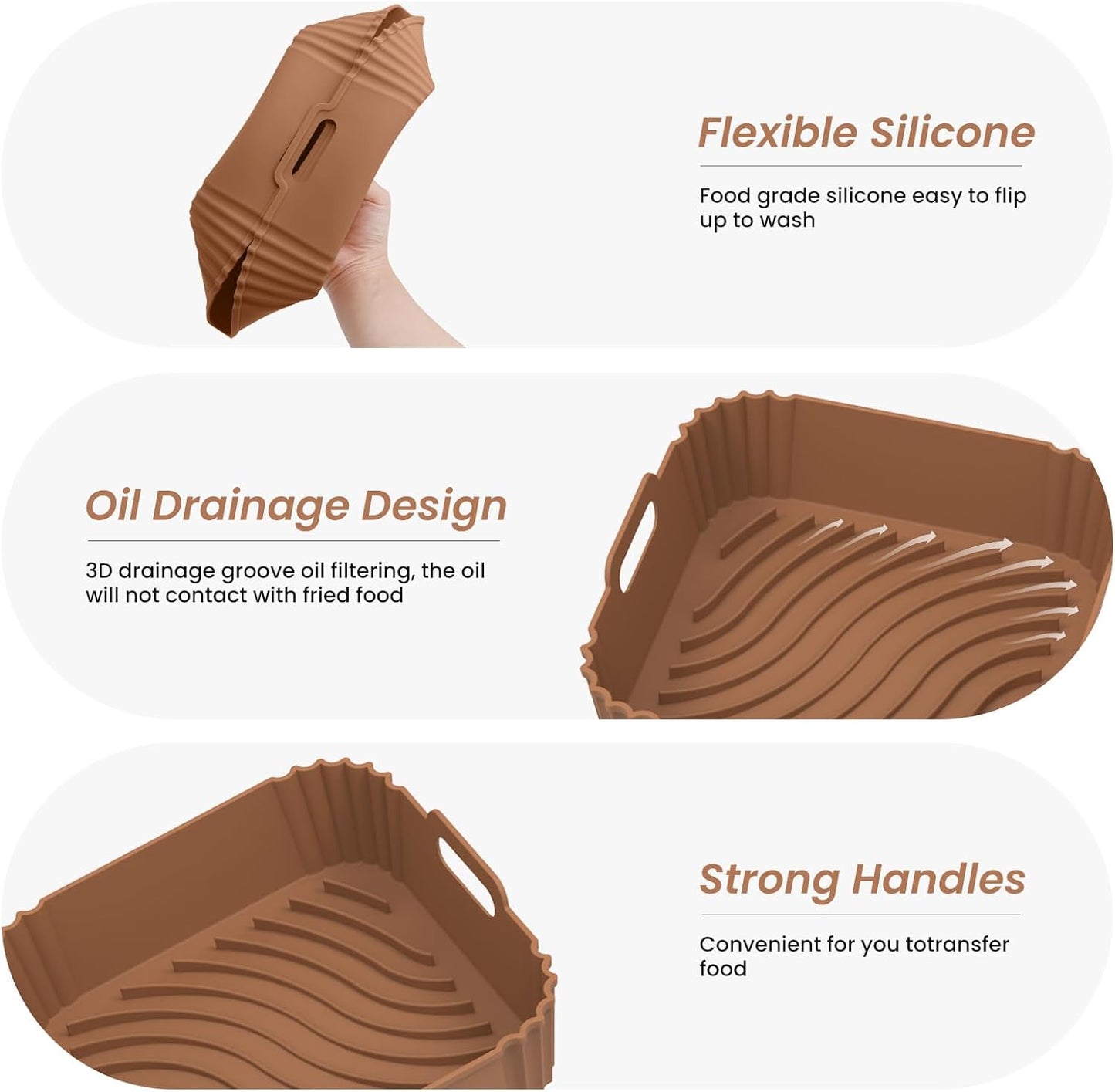 Redfly Air Fryer Silicone Liners, 9.3 Inch Square Airfryer Liners, Silicone Air Fryer Liners Reusable for 6-8 QT, Air Fryer Accessories Replacement for Parchment, Airfryer Liners Silicone Brown&Gray