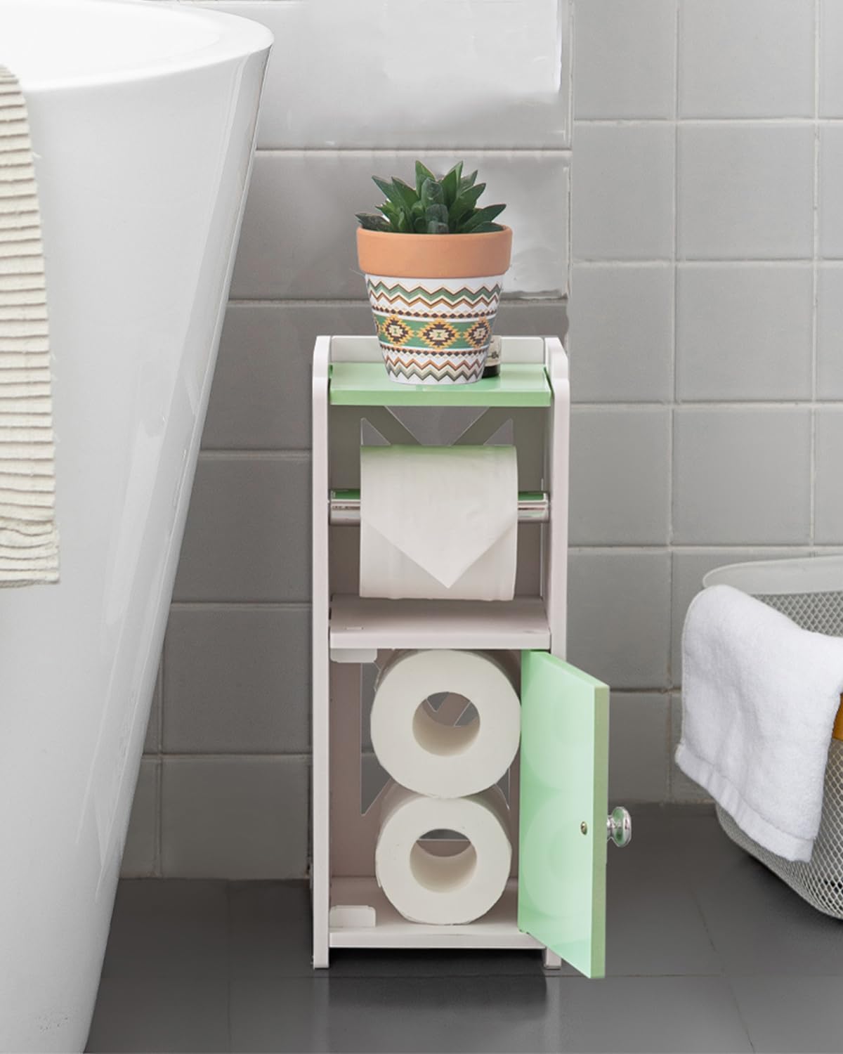 AOJEZOR Toilet Paper Holder Stand: Freestanding PVC Cabinet Storage for Small Bathroom Spaces for Homes and Renters-Mint Green